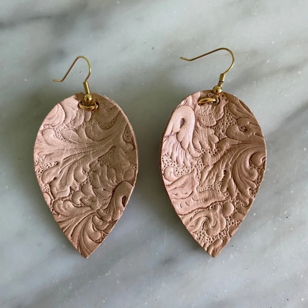 Rose Pink Nude Blush Leather Feather Earrings